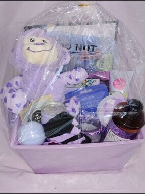 Purple Hug Plush Gift Basket w/ Self-Care Items